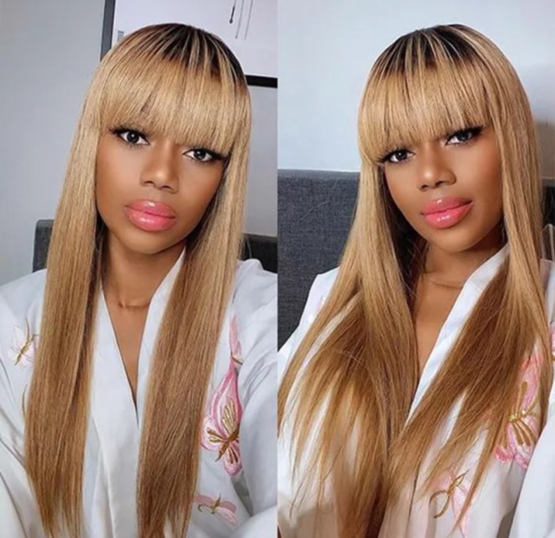 Honey Blonde Straight Human Hair Wig With Bangs ADA BEAUTY