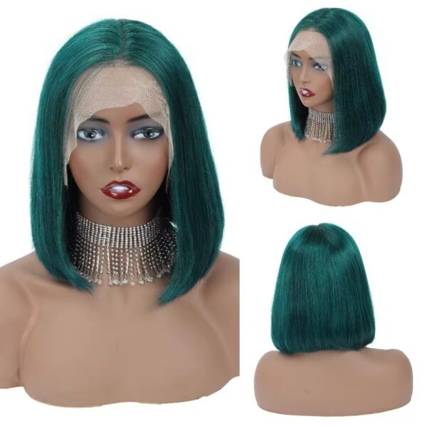 Premium Brazilian Real Virgin Human Hair Wig 12 Inch Straight Dark Green Short Bob Wigs For Women Pre-Plucked 13x4 Transparent Lace Frontal 180% Density. 